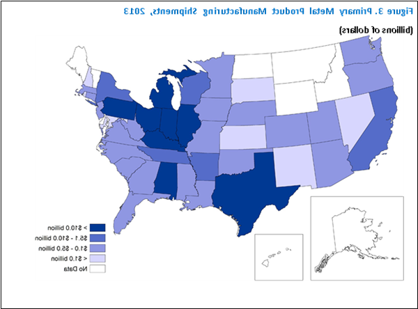 人口普查局的美国地图显示了大量从事初级金属制造业的州